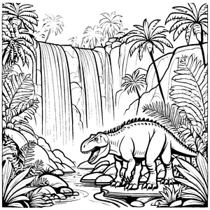 Mächtiger Tyrannosaurus Rex vor schimmerndem Wasserfall Ausmalmotiv für abenteuerliche Dino-Entdecker