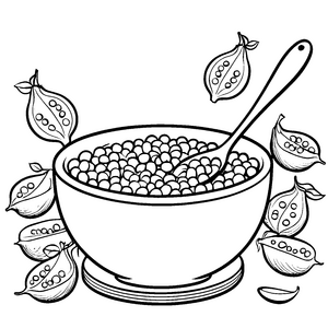 Witzige Erbsensuppe mit frohen Toppings Ausmalbild für kleine Küchenzauberer