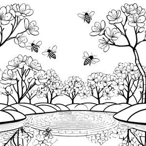 Fröhliche Bienen über blühenden Obstbäumen Ausmalbild für kleine Naturliebhaber