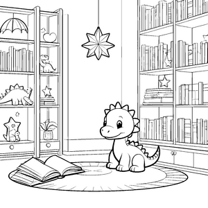 Fröhlicher Dinosaurier im bunten Kinderzimmer Ausmalvorlage für kleine Geschichtenerzähler