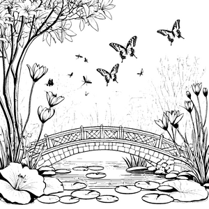 Schmetterlingsfreude über malerischer Brücke Ausmalvorlage für fantasievolle Naturentdecker