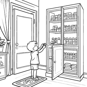 Neugieriger Junge am Medizinschrank Ausmalvorlage für kleine Entdecker