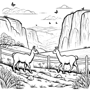 Zwei neugierige Lama-Jungtiere auf grünem Pfad Ausmalvorlage für fantasievolle Tierfreunde