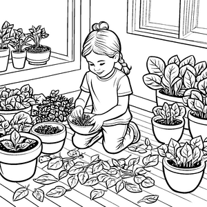 Fröhliches Mädchen beim Spinatpflücken Ausmalvorlage für angehende Gartenprofis