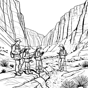 Entdeckungsreise mit Geologen in faszinierender Landschaft Malvorlage für wissbegierige Forscher