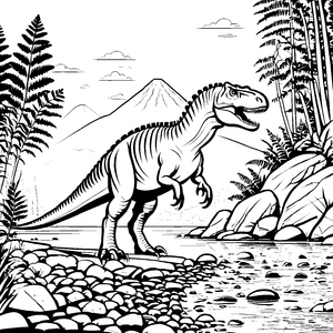 Furchtloser Tyrannosaurus Rex am glitzernden Wasser Ausmalmotiv für kleine Dino-Entdecker
