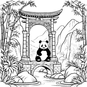 Verspielter Panda auf historischen Steinen Ausmalmotiv für abenteuerlustige Entdecker