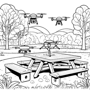 Fascinierende Drohnen über einem Picknickplatz Ausmalbild für abenteuerlustige Technikfreunde
