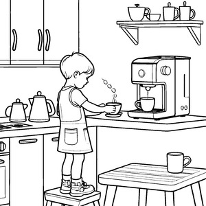 Kreative Kaffeewelt mit sprudelndem Genuss Ausmalmotiv für junge Küchenchefs