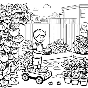 Leckere Hamburger im bunten Garten Ausmalvorlage für kleine Kochabenteurer