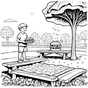 Leckerer Hamburger unter schattigem Baum Ausmalbild für kleine Feinschmecker