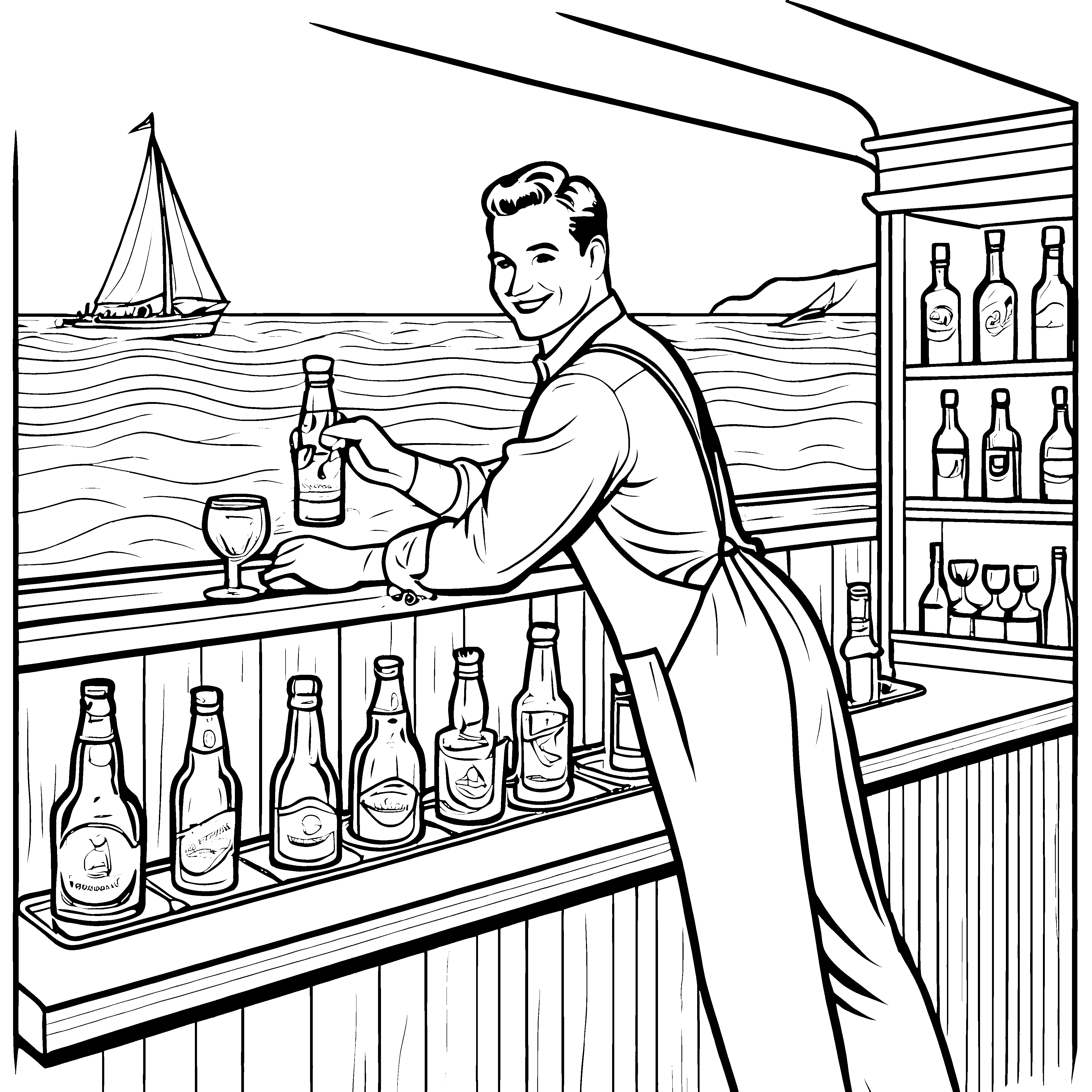Zuverlässiger Barkeeper mit spritzigem Getränk Ausmalvorlage für kleine Geschmacksabenteurer