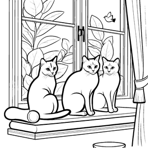 Drei neugierige Siamkatzen auf der Fensterbank Ausmalvorlage für fantasievolle Tierfreunde