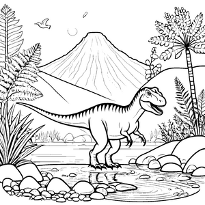Mächtiger Tyrannosaurus Rex am glitzernden Wasser Ausmalmotiv für junge Dino-Forscher