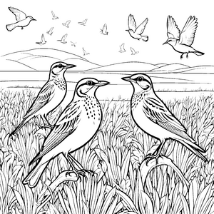Gesellige Vögel im grünen Gras Ausmalvorlage für fantasievolle Künstler