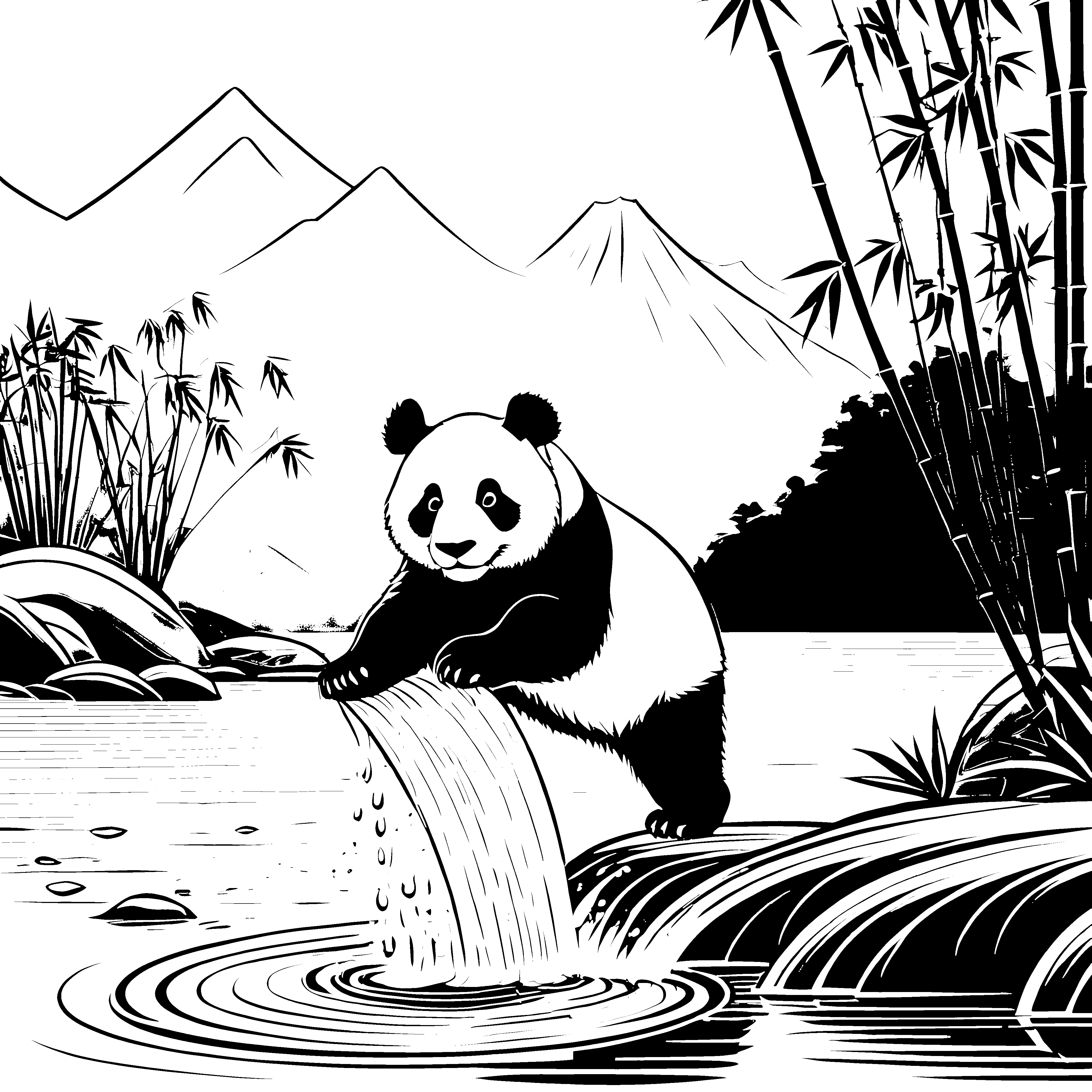Bezaubernder Panda am sprudelnden Wasserfall Ausmalmotiv für kleine Entdecker