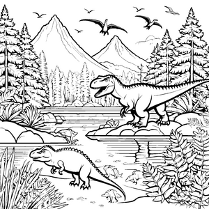 Majestätischer Tyrannosaurus Rex am Ufer des Flusses Ausmalmotiv für junge Dino-Entdecker
