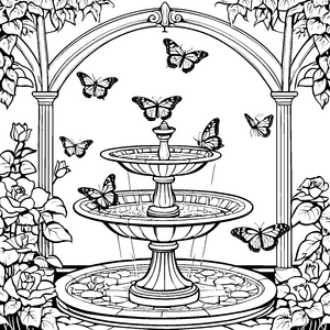 Schmetterlingsfreunde um sprudelnden Brunnen Ausmalmotiv für kreative Naturentdecker