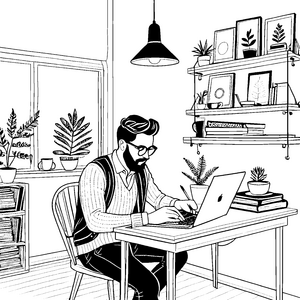 Kreativer Hipster am Schreibtisch mit Pflanzen Ausmalmotiv für neugierige Entdecker