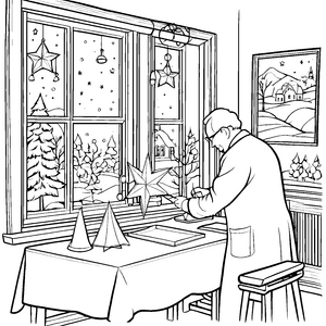 Flinker Bastler schmückt Fenster mit Weihnachtssternen Ausmalvorlage für kreative Senioren