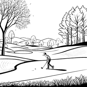 Fantasievoller Golfer in schöner Landschaft Ausmalbild für kleine Sportler