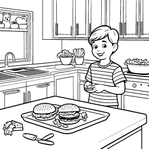 Leckere Hamburger im bunten Küchenparadies Ausmalbild für kreative Geschmackskünstler