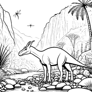Abenteuerlicher Parasaurolophus am glitzernden Fluss Ausmalmotiv für neugierige Dinosaurierfreunde