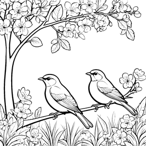 Pärchen von Vögeln auf blühendem Ast Ausmalbild für verliebte Naturfreunde