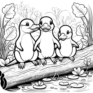 Süße Schnabeltier-Babys am sonnigen Teich Ausmalvorlage für fröhliche Maler