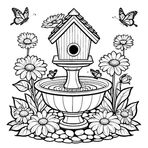 Bezaubernde Schmetterlinge über sprudelndem Brunnen Ausmalvorlage für kleine Gartenfreunde