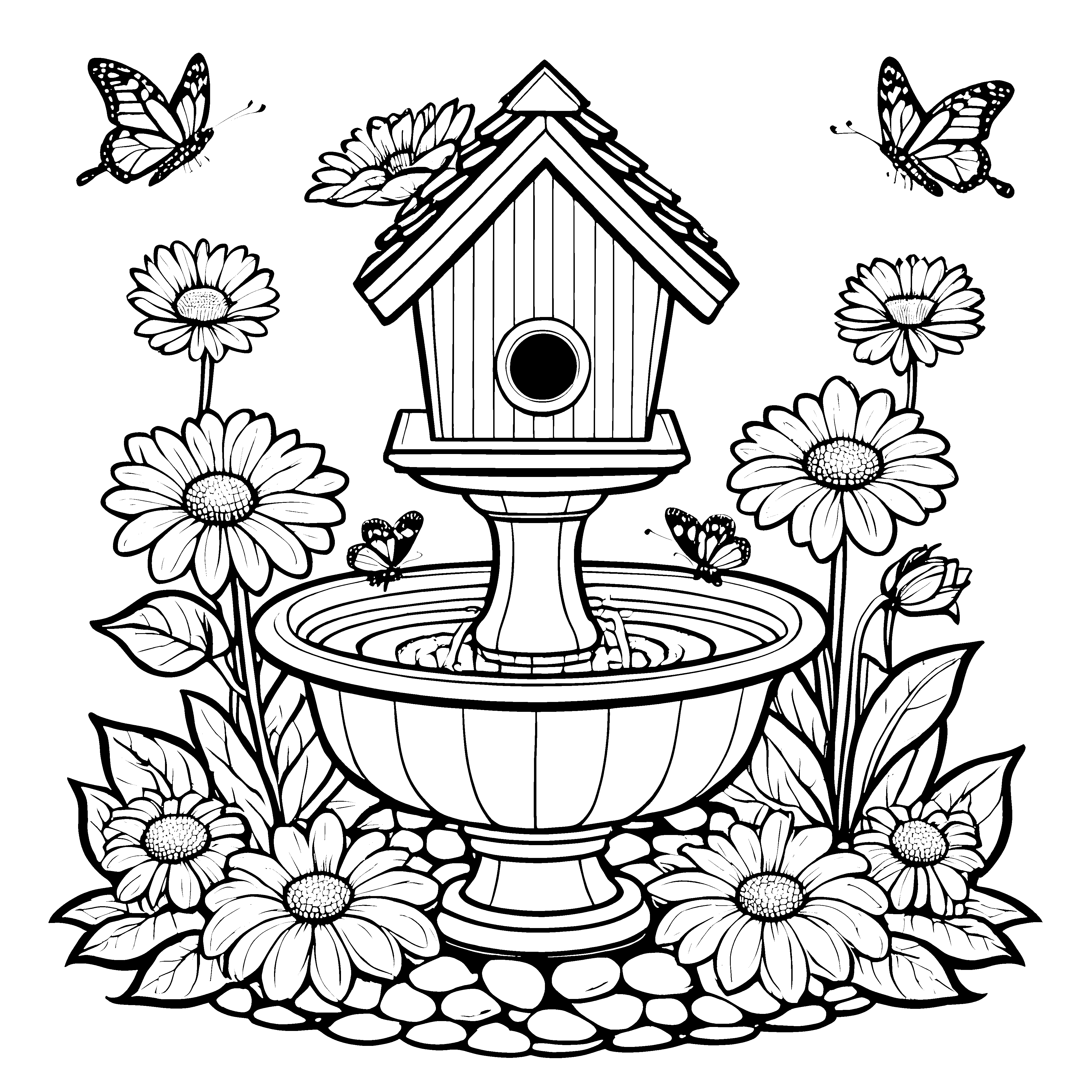Bezaubernde Schmetterlinge über sprudelndem Brunnen Ausmalvorlage für kleine Gartenfreunde