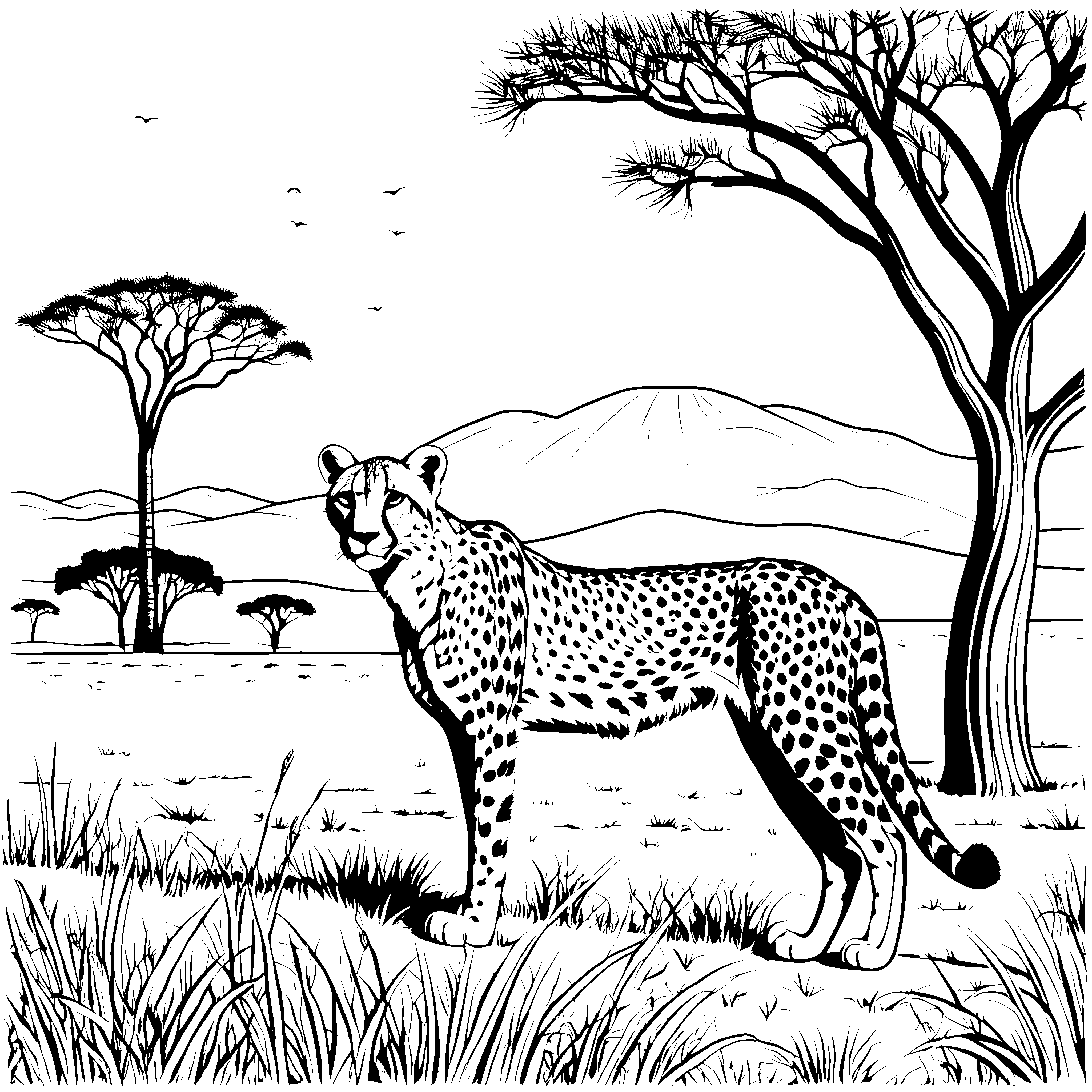 Majestätischer Gepard unter afrikanischen Bäumen Ausmalbild für abenteuerlustige Naturfreunde