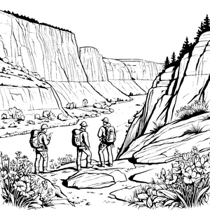 Geologen am spektakulären Flussufer Ausmalmotiv für kleine Naturforscher