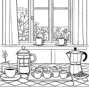 Kreative Kaffeestunde mit duftenden Spezialitäten Ausmalvorlage für kleine Genussfreunde