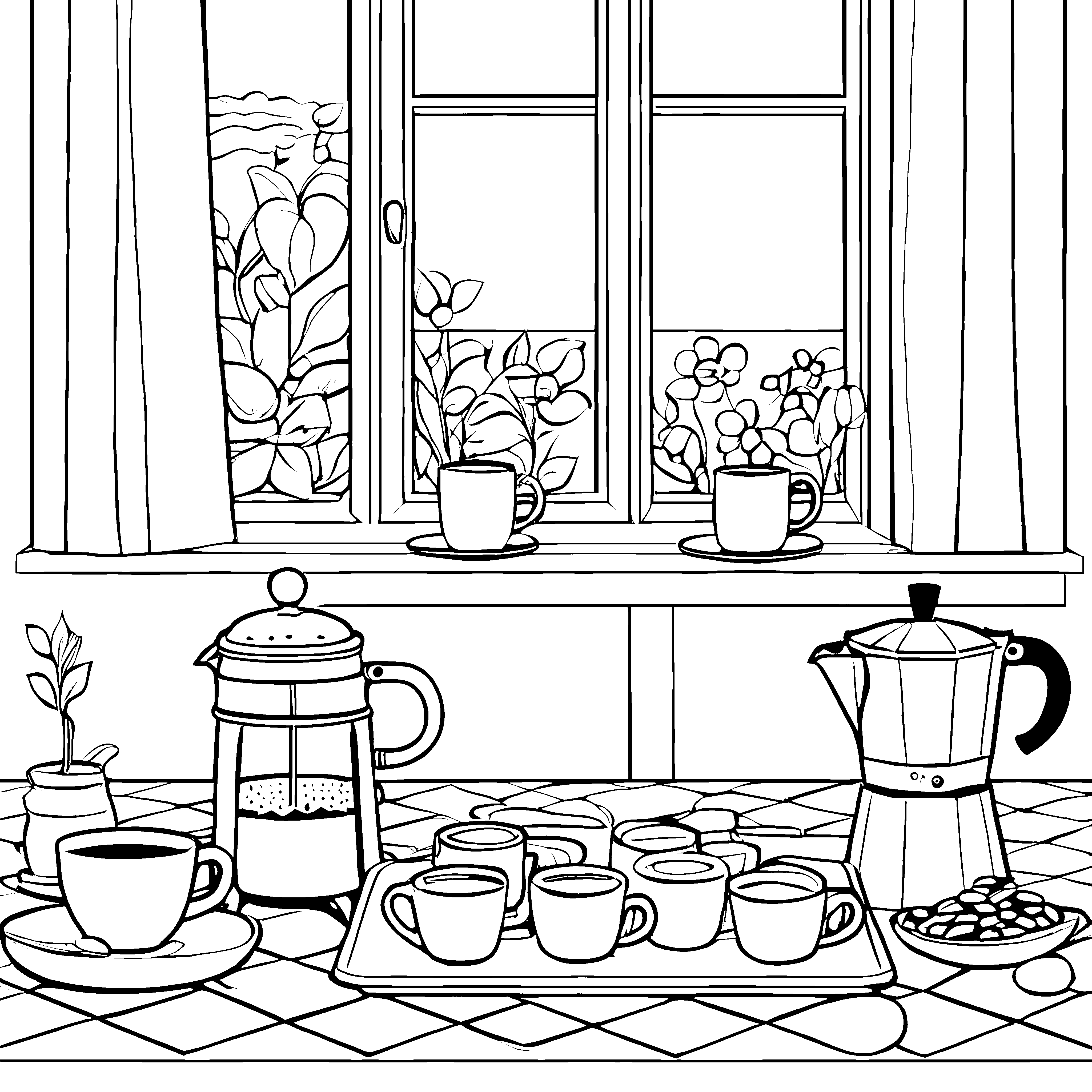 Kreative Kaffeestunde mit duftenden Spezialitäten Ausmalvorlage für kleine Genussfreunde