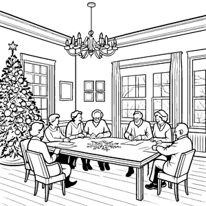 Gemütliche Weihnachtsfeier im Seniorenheim Ausmalvorlage für fröhliche Seniorenfreunde