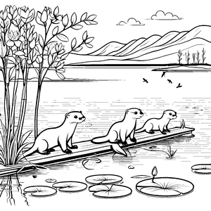 Niedliche Otter-Babys auf dem Wasserplatz Ausmalvorlage für neugierige Naturentdecker