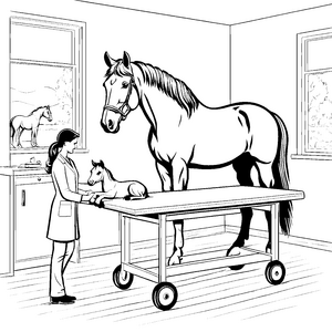 Großes Pferd und kleines Fohlen beim Tierarzt Ausmalbild für tierliebe Entdecker
