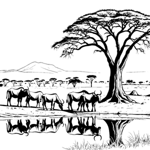 Majestätische Gnus am glitzernden Wasserloch Ausmalbild für neugierige Tierfreunde