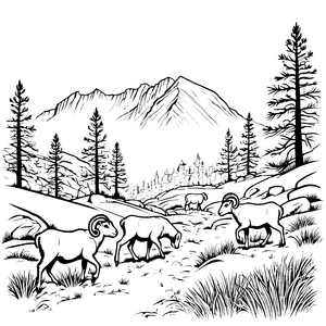Wildes Widder-Jungtier beim Erkunden der Berge Ausmalmotiv für flinke Entdecker