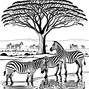 Zauberhafte Zebras am Wasserloch Ausmalvorlage für abenteuerliche Tierliebhaber