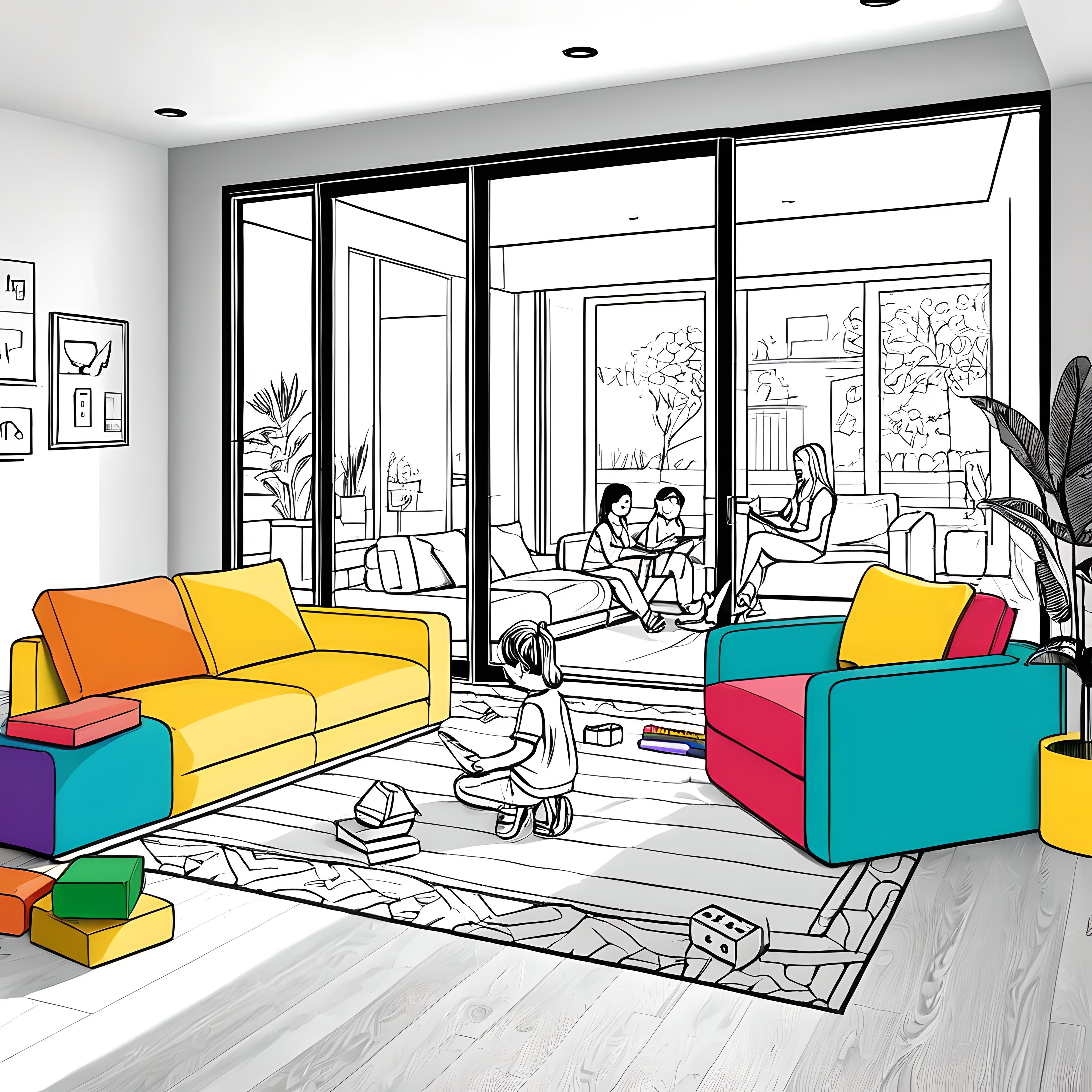 Bunte Schlafcouches im gemütlichen Wohnzimmer Ausmalbild für kreative Wohnträumer