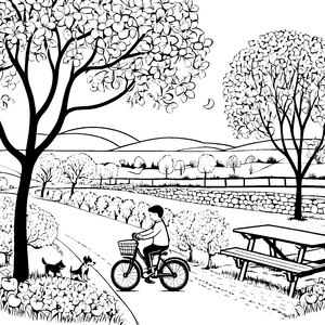 Lebendiger Radfahrer mit fröhlichen Hunden bei der Erkundung Ausmalbild für junge Abenteuerlustige