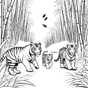 Neugierige Tigerbabys im dichten Bambuswald Malvorlage für kleine Tierfans