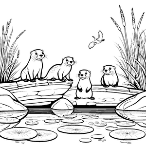 Spaßige Otter-Babys am Wasserfall Ausmalbild für fröhliche Entdecker
