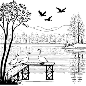 Lustige Gänse auf der Holzterrasse Ausmalvorlage für kleine Naturfreunde