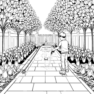 Spritzender Gartenschlauch mit fröhlichen Tulpen Ausmalmotiv für leidenschaftliche Gartenliebhaber