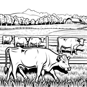 Bunte Kühe auf der sonnigen Weide Ausmalvorlage für kleine Landwirte