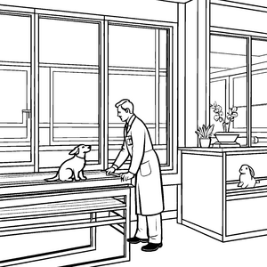 Tierarzt mit loyalem Hund auf dem Tisch Ausmalbild für kleine Tierfreunde