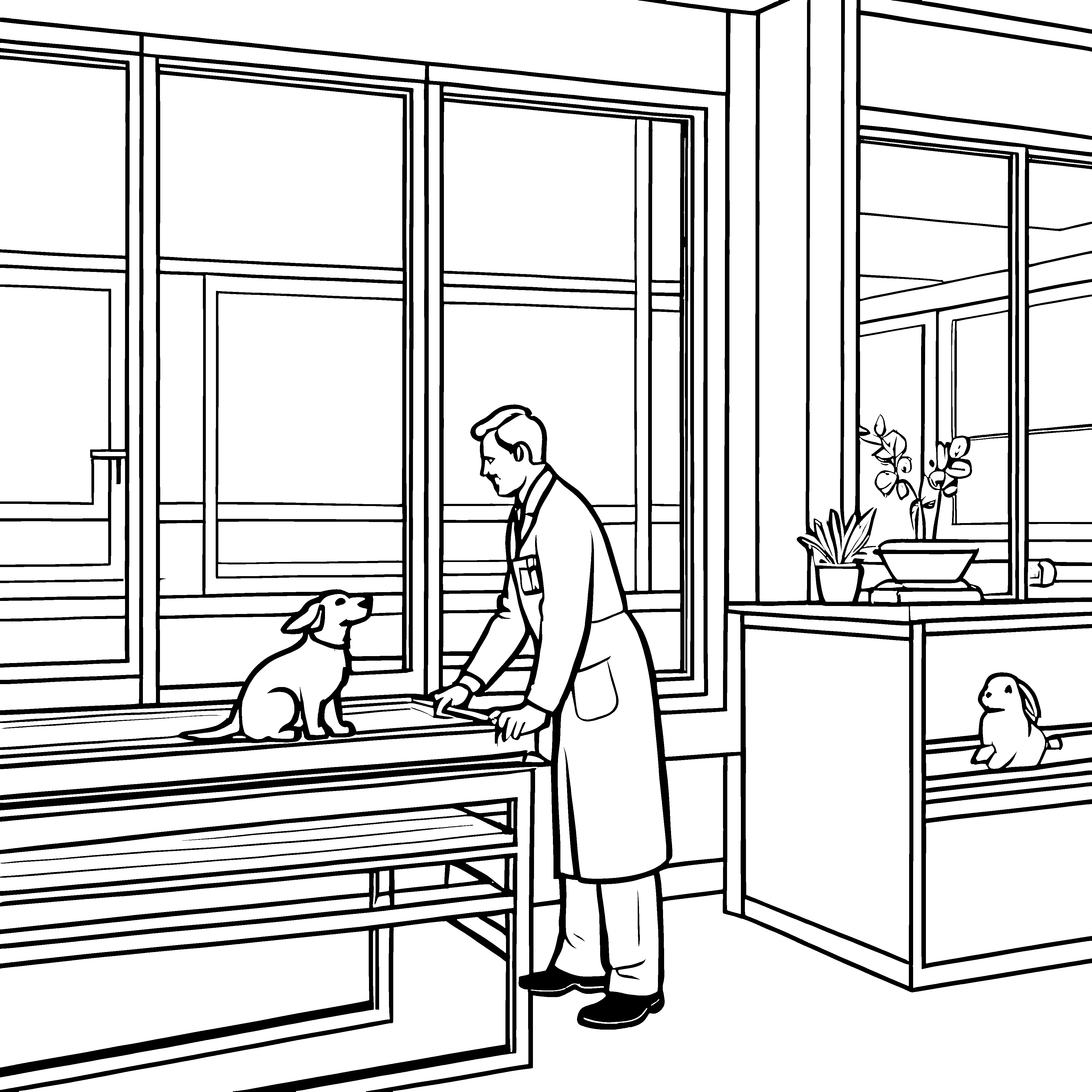 Tierarzt mit loyalem Hund auf dem Tisch Ausmalbild für kleine Tierfreunde